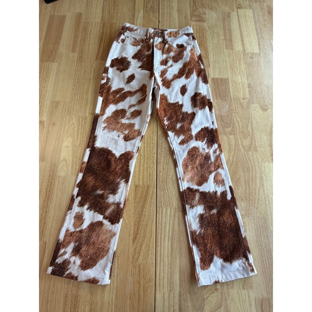 WeWoreWhat Cow Print High Rise Straight Leg Jeans Brown White Size 24 Denim
